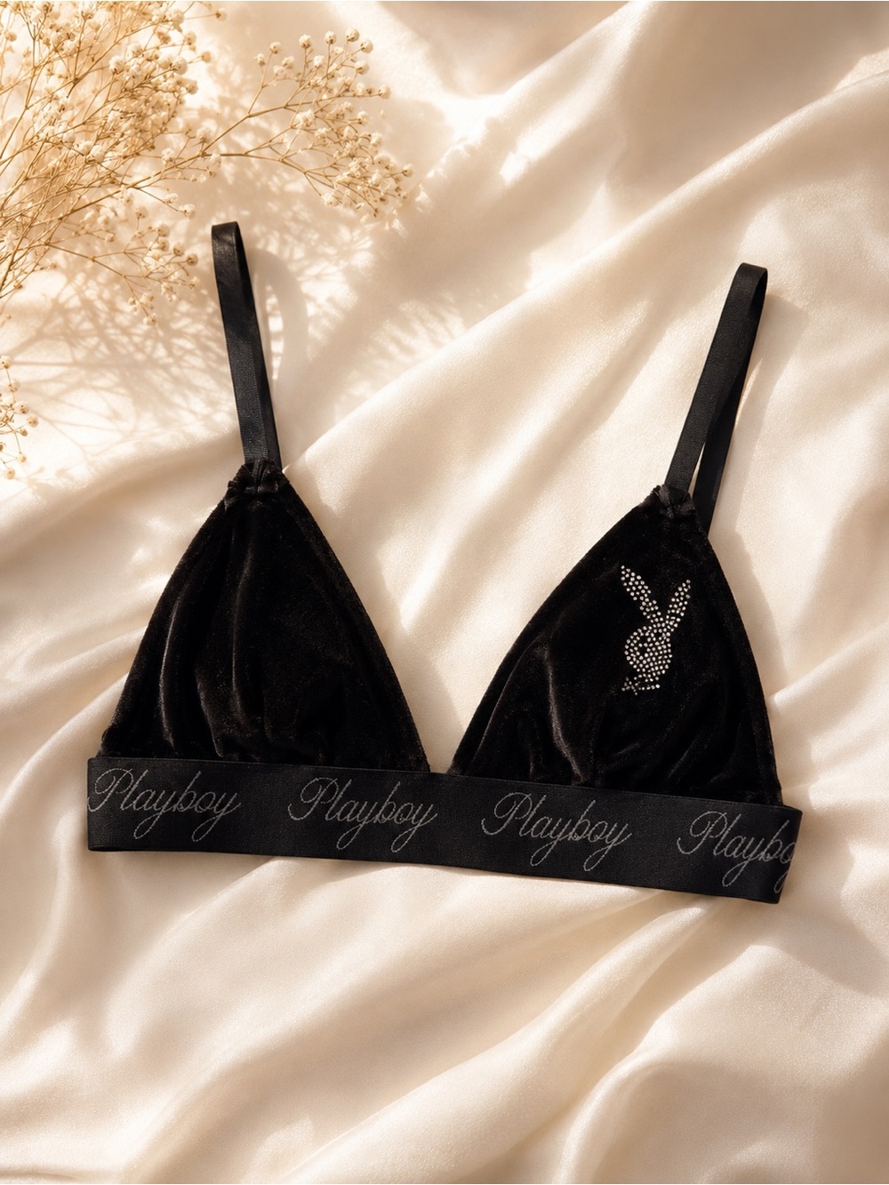 PLAYBOY | Black Velvet Triangle Bralette with Rhinestone Bunny